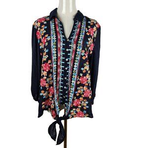 Figueroa & Flower Medium Embroidered Button-Down Shirt Navy Boho Cottagecore